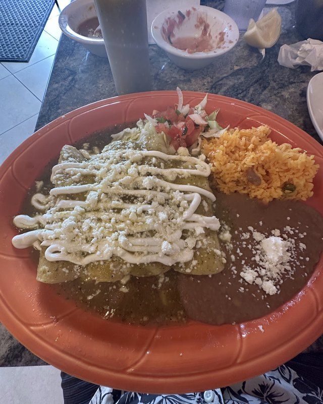 Saucy enchiladas with crema and rice on a red plate
