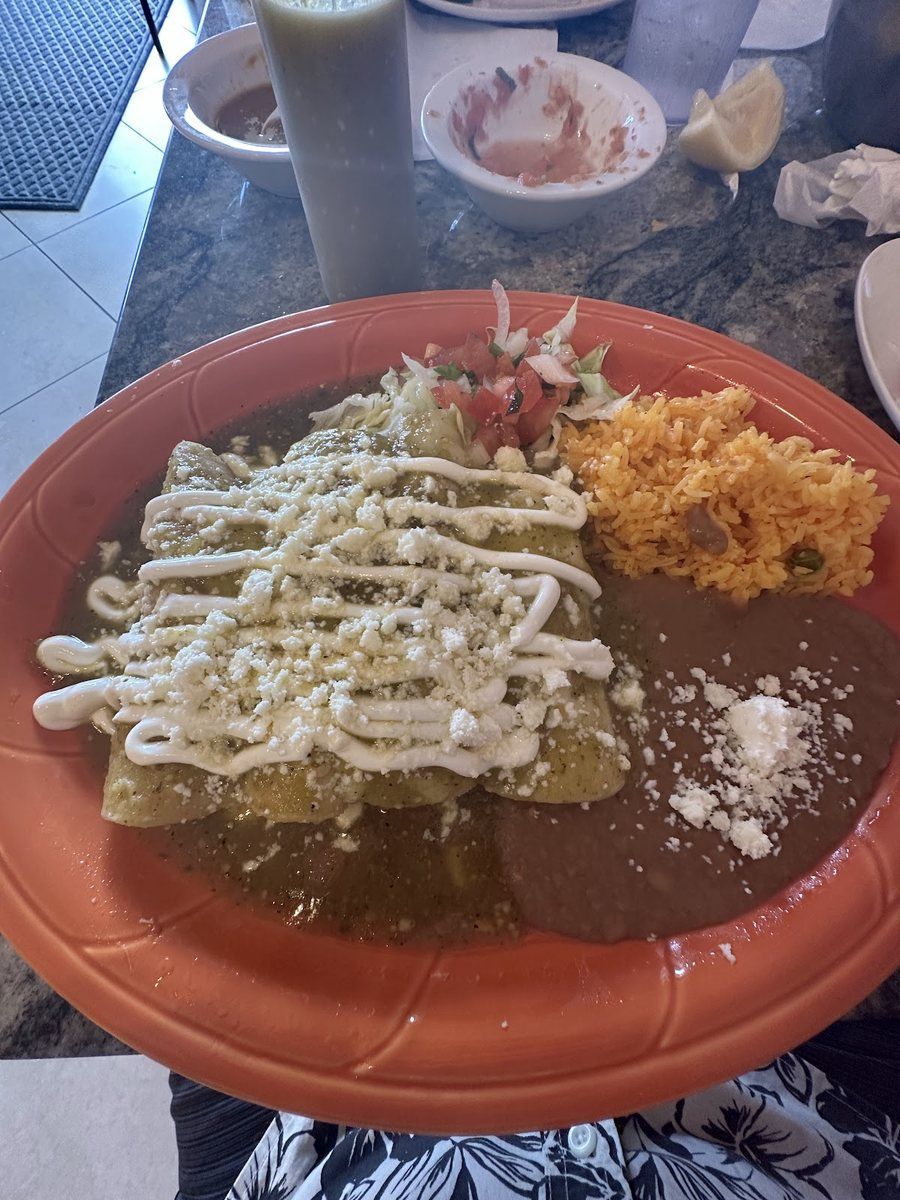 Saucy enchiladas with a crema drizzle and rice on a red plate